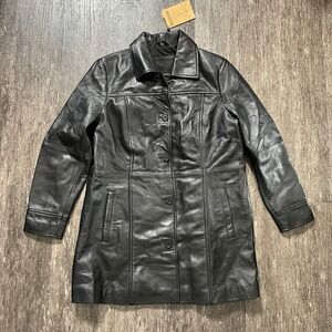 Kandis Woman Coat Black Real Leather Jacket Button Front Lined XL